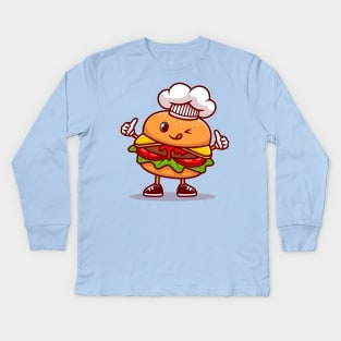 Cute Burger Chef Wearing Cap Cartoon Kids Long Sleeve T-Shirt